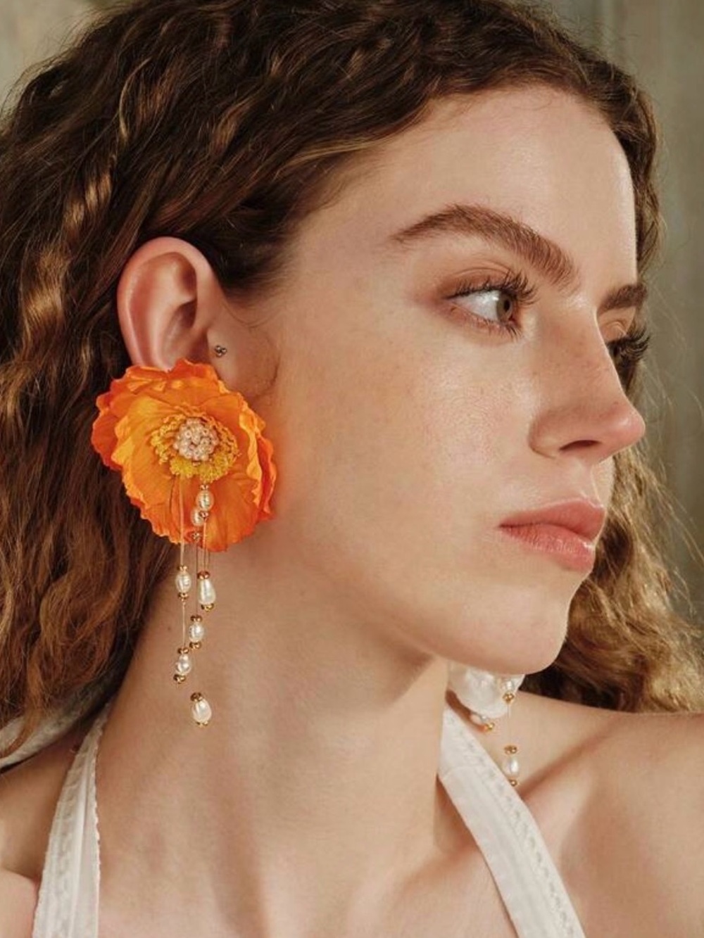 Orange Floral Drop Earrings with Pearl Dangles